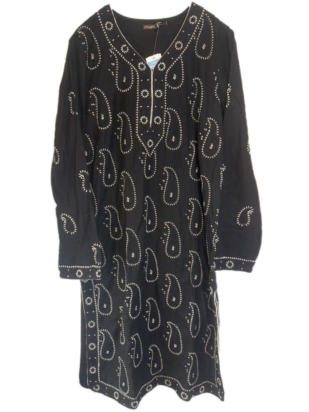 J McLaughlin Black Embroidered Paisley Tunic Dress Boho Resort Coverup Size S